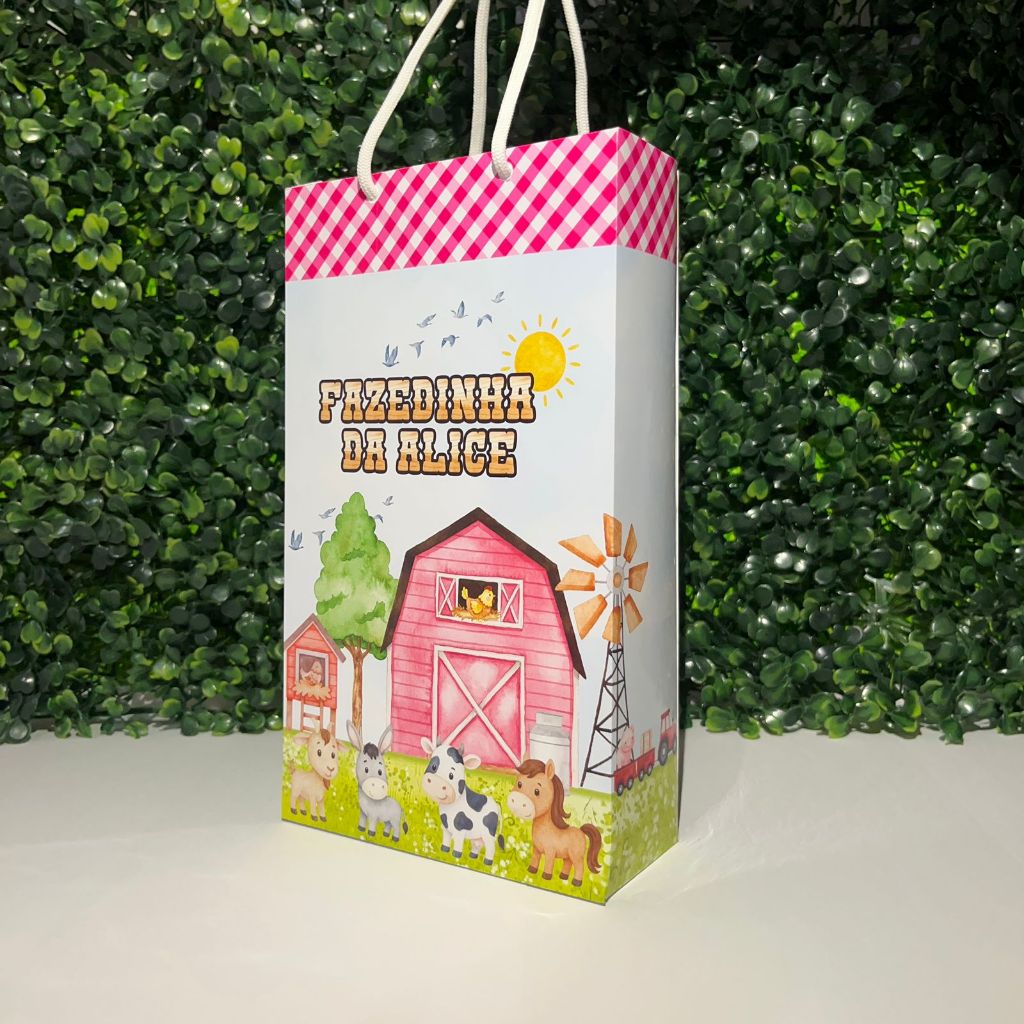 Sacolinha Personalizada Fazendinha Menina Rosa Lembrancinha de Aniversário PEGUE E MONTE