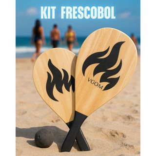 Kit Raquete Frescobol Em Madeira + 2 Bolinhas Em Borracha Verão E Diversão