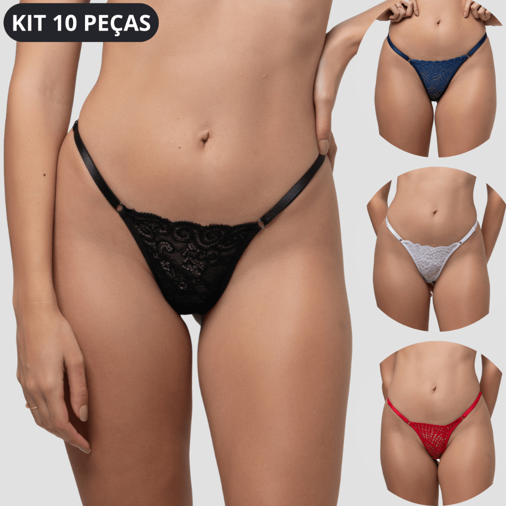 Kit 10 Calcinha Fio Dental Sexy de Renda Calcinhas com Regulagem Feminina Tanga Sensual
