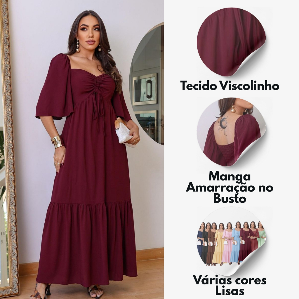 Vestido Longo Manga Amarração Manga Babado Tecido Viscolinho Elastico costas Veste de 28 a 44 Lisos em Oferta na Shopee
