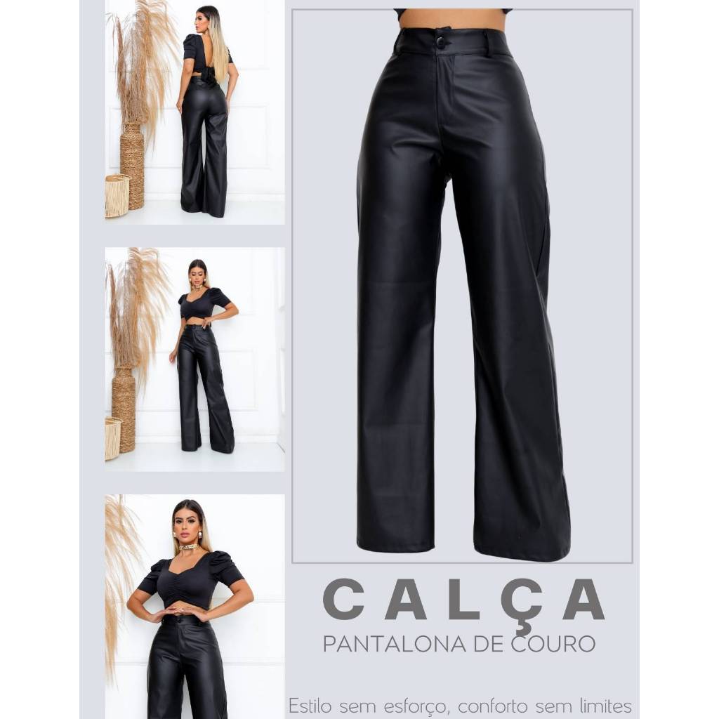 Calça Pantalona Wide Leg Couro Fake Cintura Alta Reta Retrô Courino em Oferta na Shopee