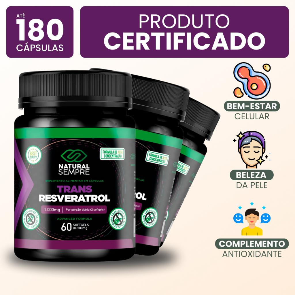 Trans Resveratrol 1000mg - Óleo de Semente de Uva | Antioxidante Natural Auxilia Vida Saudável e Beleza da Pele