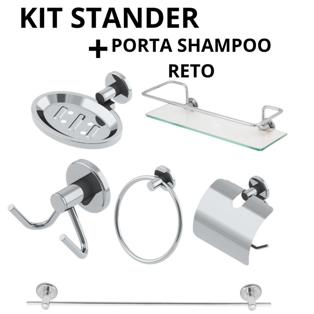 KIT ACESSÓRIOS PARA PORTA SHAMPOO BANHEIRO AÇO INOX 5 PEÇAS + 1 PORTA SHAMPOO VIDRO RETO