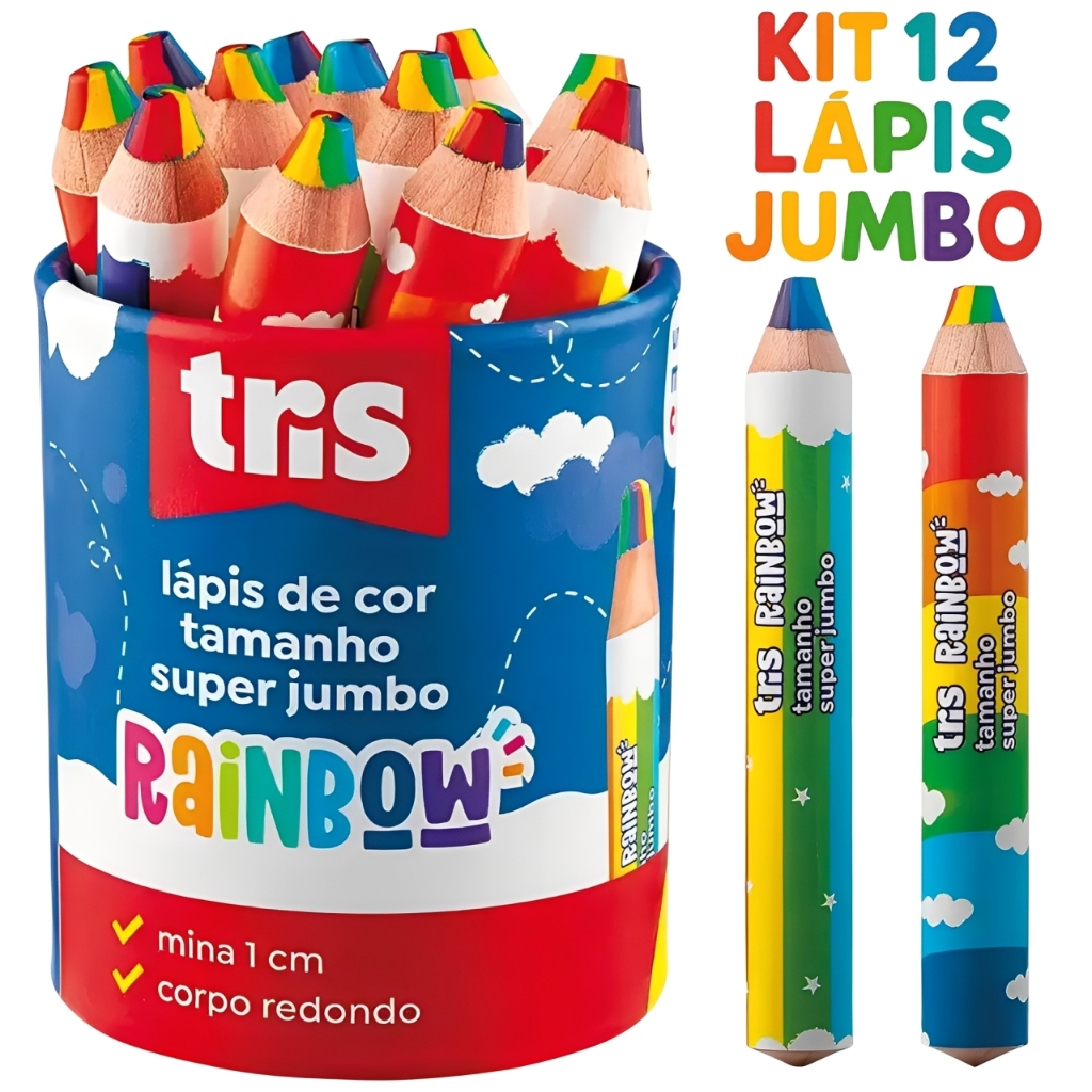 Kit 12 Lápis De Cor Jumbo Rainbow Arco-Íris Ideal Para Crianças Pequenas Escola Creche Casa Educação Infantil