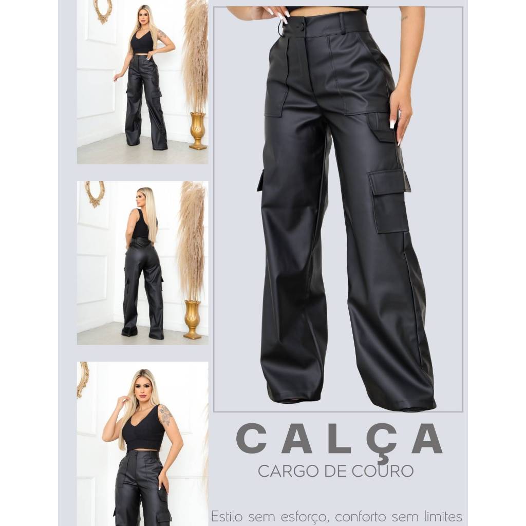 Calça Pantalona Wide Leg Reta Cargo Couro Fake Cintura Alta Moda Gringa Bolso Lateral em Oferta na Shopee