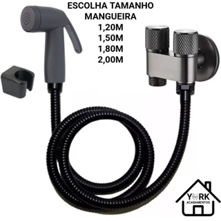 Ducha Higiênica com Gatilho Preto / Cromado + Mangueira Inox Flexível e Registro Dupla Saída de Água em Oferta na Shopee