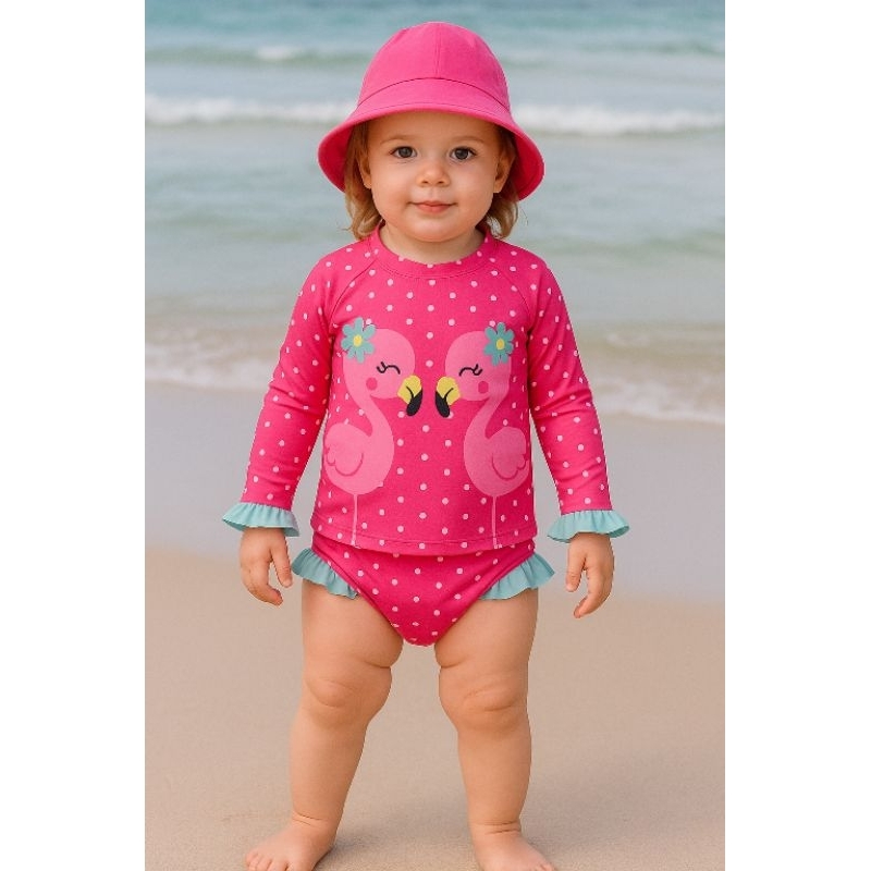 Conjunto de Biquíni Bebê com Blusa Proteção Solar UV 50+  e Chapéu
