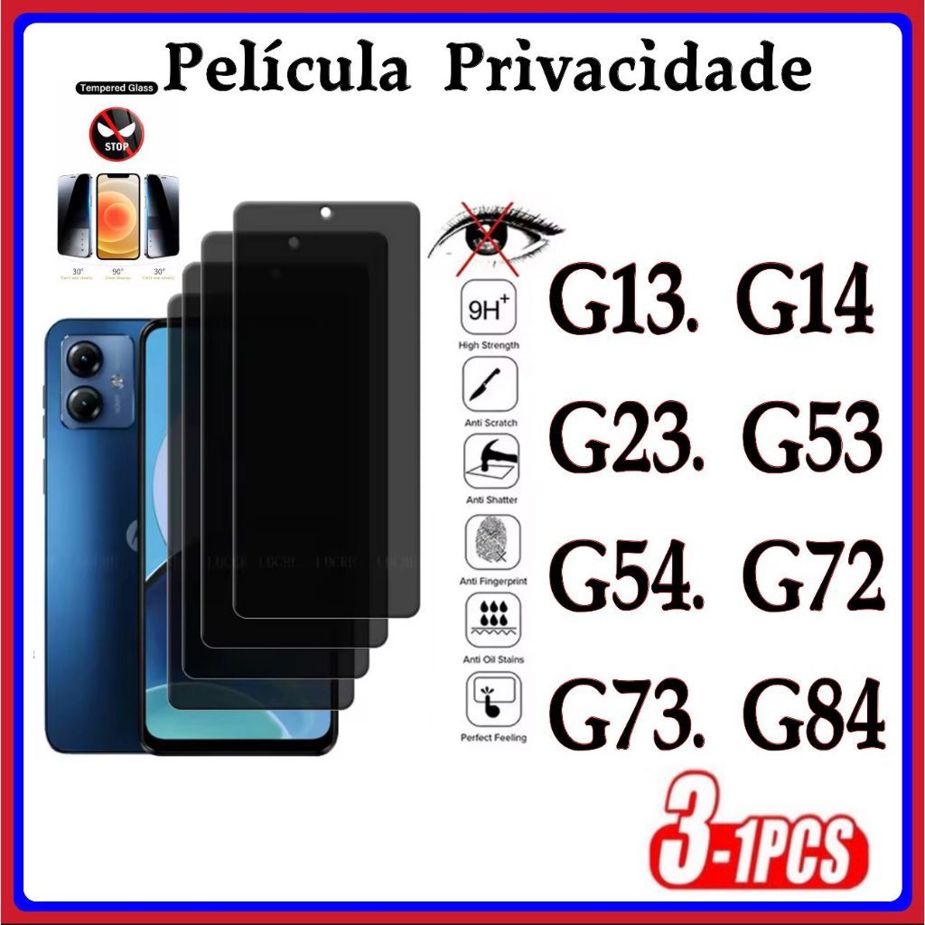 Película Privacidade 3D Anti Spy Anti Espionagem Para Motorola MOTO G13 G14 G15 G23 G53 G54 G72 G73 G84 G86