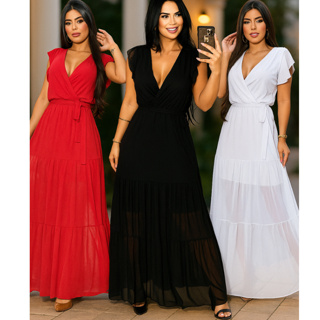 Vestido Três Marias Longo em Tule  Manga Curta, Cintura com Amarração, Leve e Elegante Moda Feminina em Oferta na Shopee