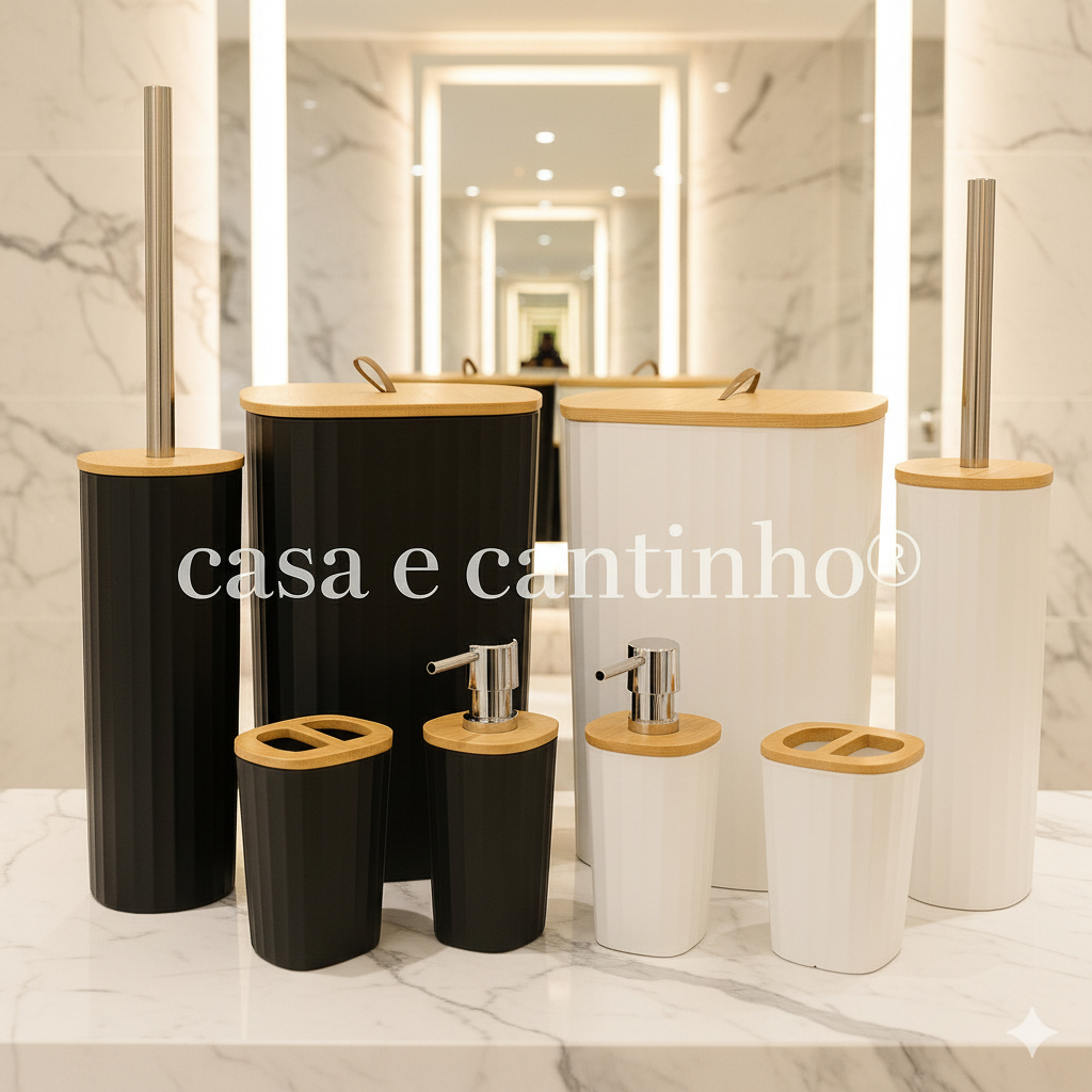 Kits para Banheiro Bambu Plástico Conjunto Com Lixeira Dispenser Copo Escova Sanitária Saboneteira em Oferta na Shopee