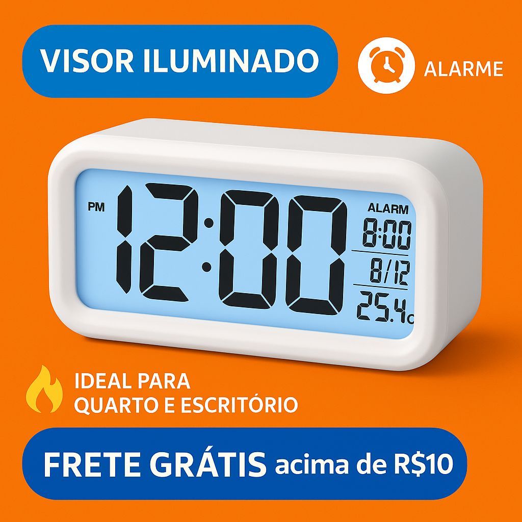 Relógio Digital Despertador com Data Hora e Temperatura Visor Iluminado LED Quarto e Escritório
