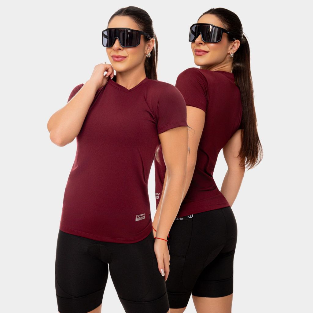 Camisa Camiseta Blusa Dry Fit Feminina Corrida Treino Esportiva Academia Exercício Proteção Anti UV Manga Curta Vinho