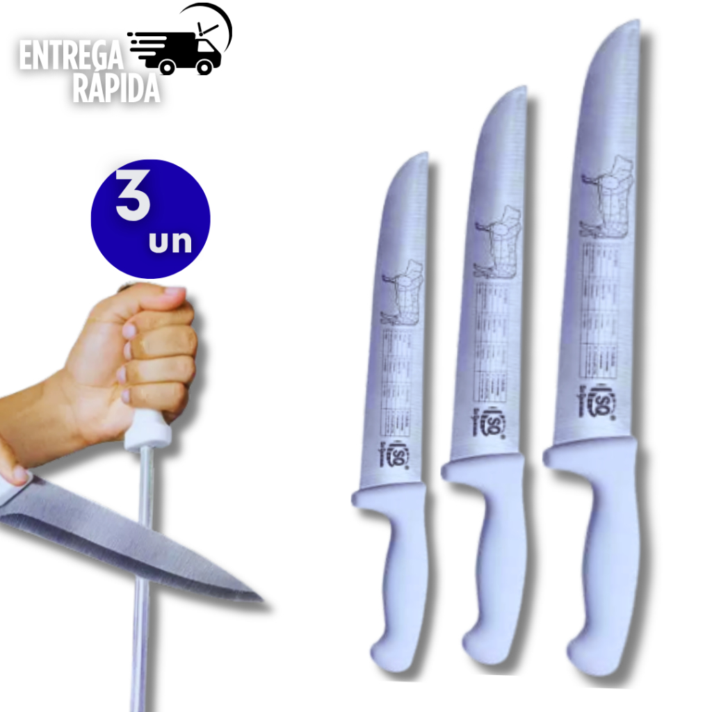 KIT 3 FACAS PROFISSIONAL INOX CABO BRANCO 8 10 E 12 POLEGADAS -  KIKA UTILIDADES