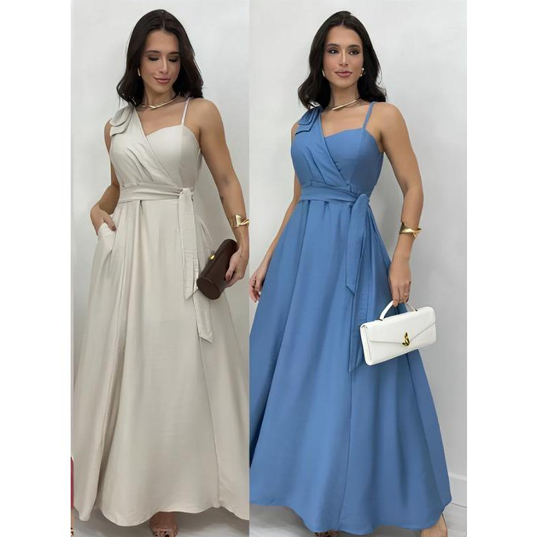Vestido longo com laço no ombro, alça única regulável, cinto, forro e bojo | Casamento, festa e casual. em Oferta na Shopee