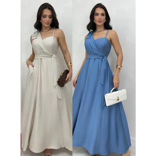 Vestido longo com laço no ombro, alça única regulável, cinto, forro e bojo | Casamento, f…