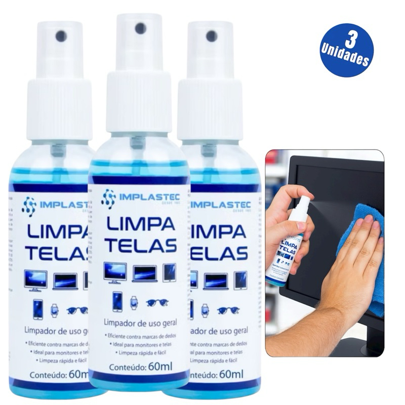 Kit 3 Limpa Telas 60 ML Spray Monitor Tv Celular Removedor De Sujeiras Clean Anti-Risco