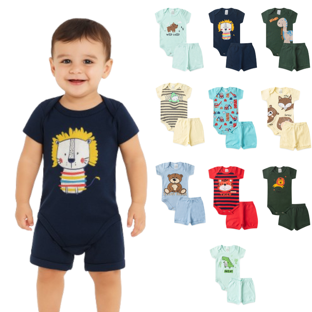 KIT 5 CONJUNTOS BODY DE MENINO SORTIDOS – BODY + BERMUDA – VERÃO MASCULINO PREMIUM
