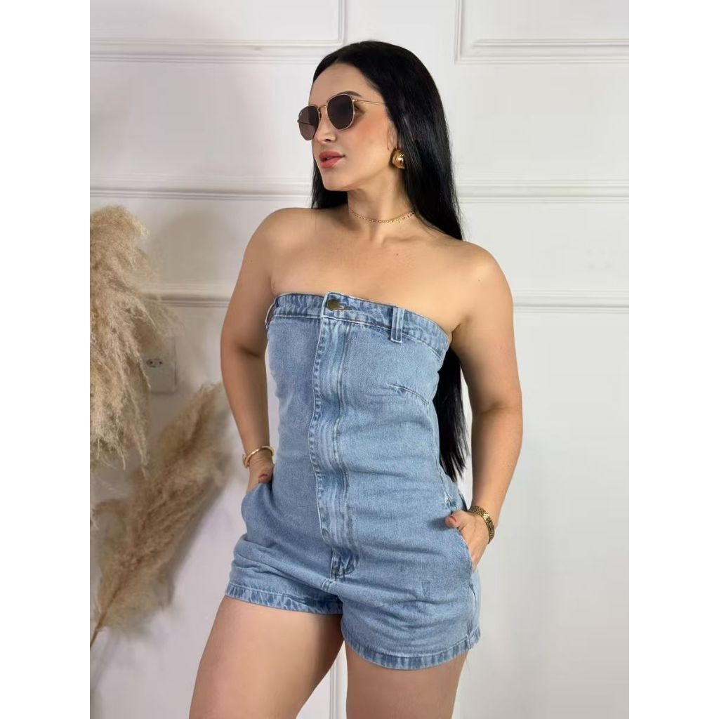 Macaquinho Jeans Feminino Tomara Que Caia Curto Moda Verão Casual e Estiloso