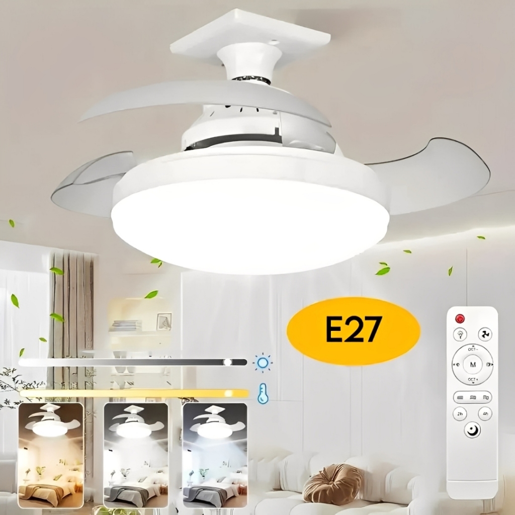 Ventilador De Teto Retratil 80W Lâmpada 3 Cores E27 Silencioso Bivolt Com Controle em Oferta na Shopee