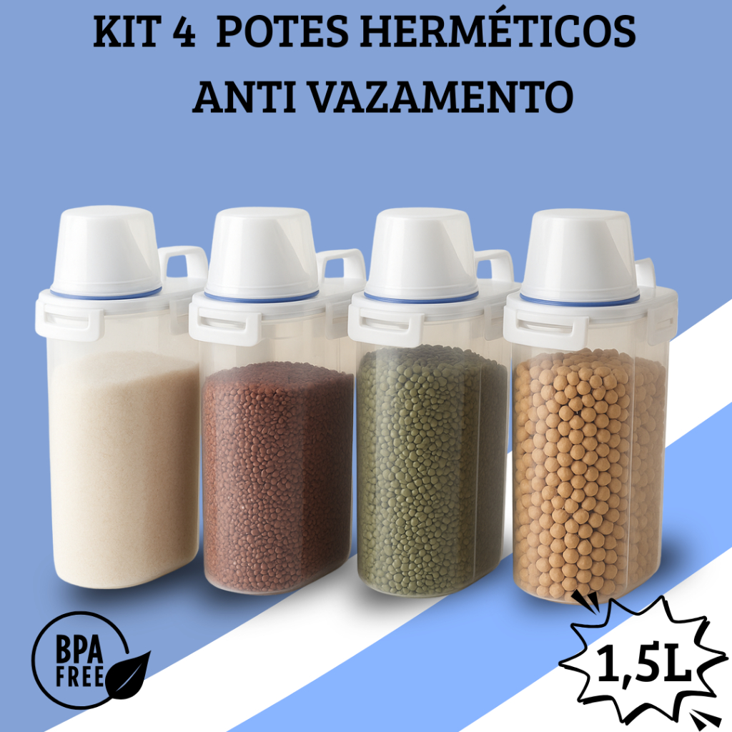 Kit 4 Potes Herméticos 1,5L Copo Medidor Bico Dosador  Multiuso Casa Cozinha Lavanderia Or...