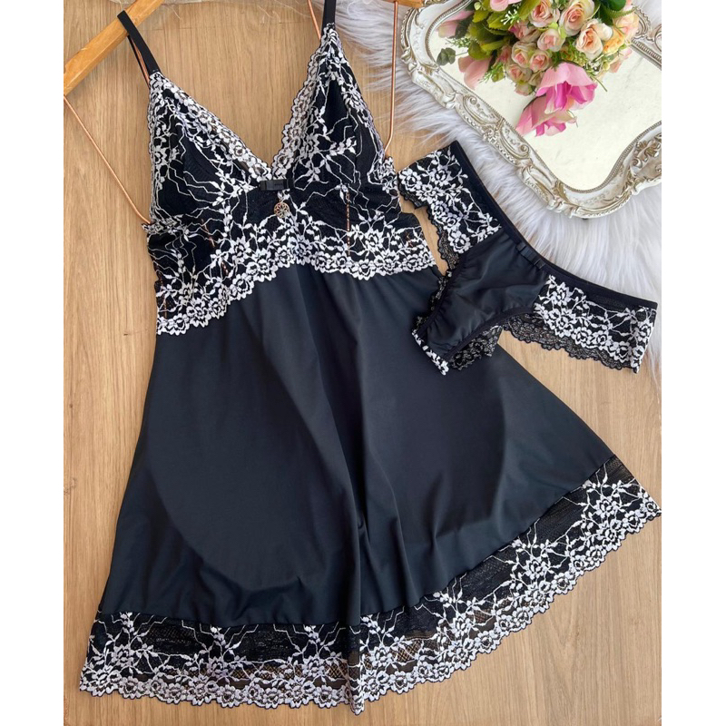 camisola de renda bicolor acompanha fio camisola e calcinha linha noite (camisola sem bojo) em Oferta na Shopee