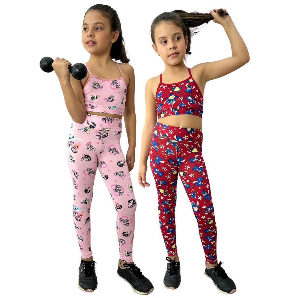 Kit 2 Conjuntos Fitness Estampado Infantil Personagem Kids Calça Top Confortável Feminino