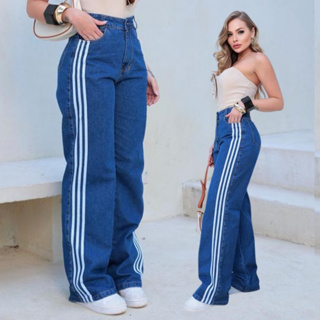 Calça Jeans Feminina Cargo Wide Leg Cintura Alta Listras Laterais Estilo Esportivo Streetwear em Oferta na Shopee