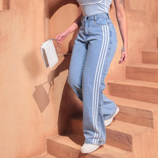 Calça Jeans Wide Leg Feminina Cintura Alta com Listras Laterais Estilo Esportivo Streetwear em Oferta na Shopee