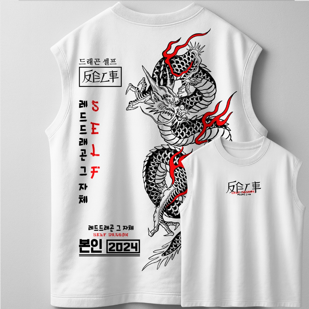 Camiseta Regata Oversized Self Red Dragon Oriental Streetwear Style