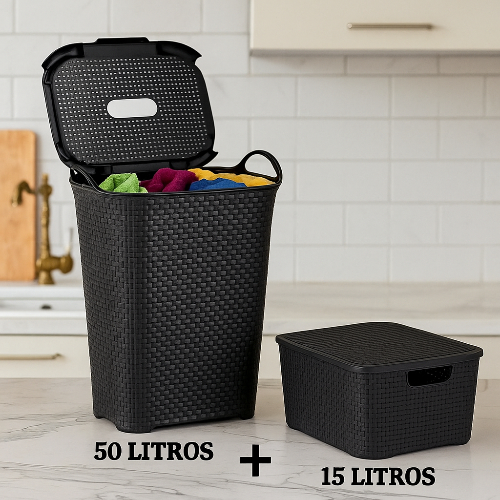 Kit  Conjunto Cesto Rattan 50 Litros Preto + Caixa Organizadora Rattan Tamanhos