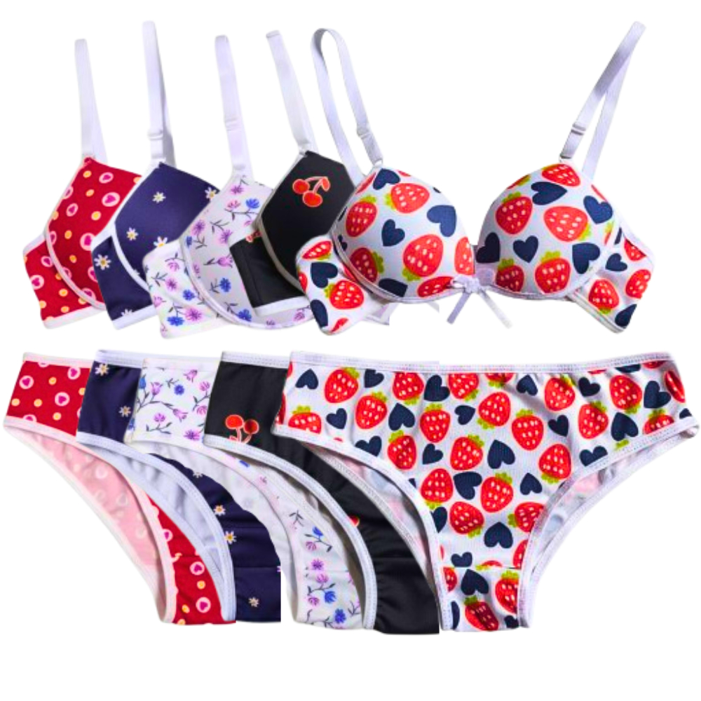 Kit 5 Conjuntos Sutiã e Calcinha Menina Moça Estampado Com Bojo Infantil/Juvenil