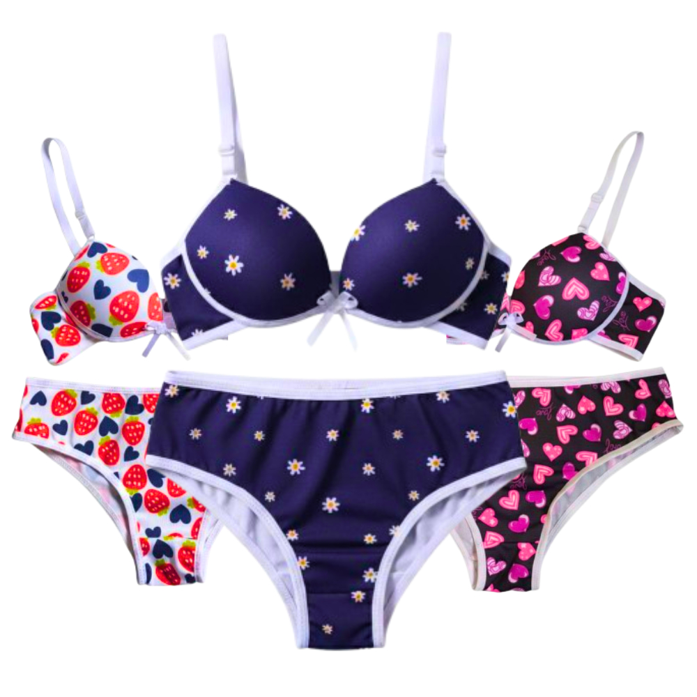 Kit 3 Conjuntos Sutiã e Calcinha Menina Moça Estampado Com Bojo Infantil/Juvenil