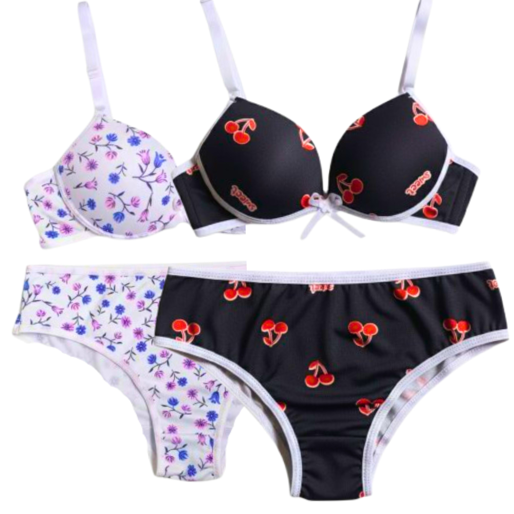 Kit 2 Conjuntos Sutiã e Calcinha Menina Moça Estampado Com Bojo Infantil/Juvenil