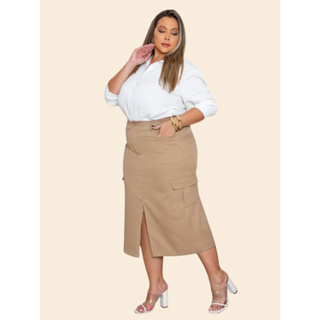 saia midi cargo plus size cintura alta reta com elástico na cintura 46 ao 60 - G1 ao G4 em Oferta na Shopee