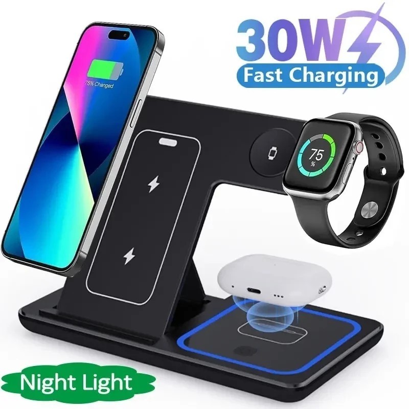 Carregador Sem Fio iPhone Apple Watch AirPods Indução 3 Em 1 Cor Preto e Branco Carregador 3 em 1 Aparelhos Apple