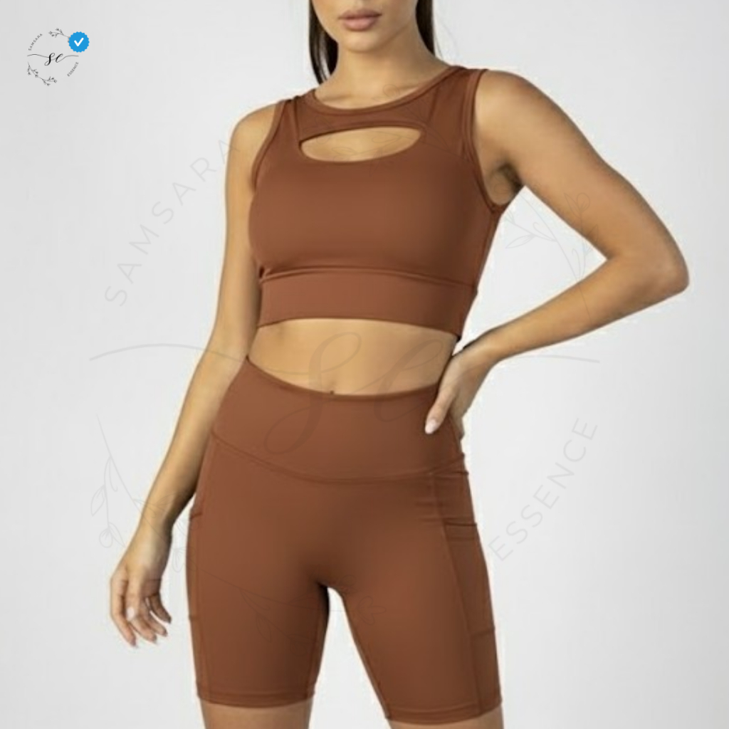 Conjunto de Academia Tecido Premium Poliamida Short Sem Transparência com Bolso + Top Bojo Removível