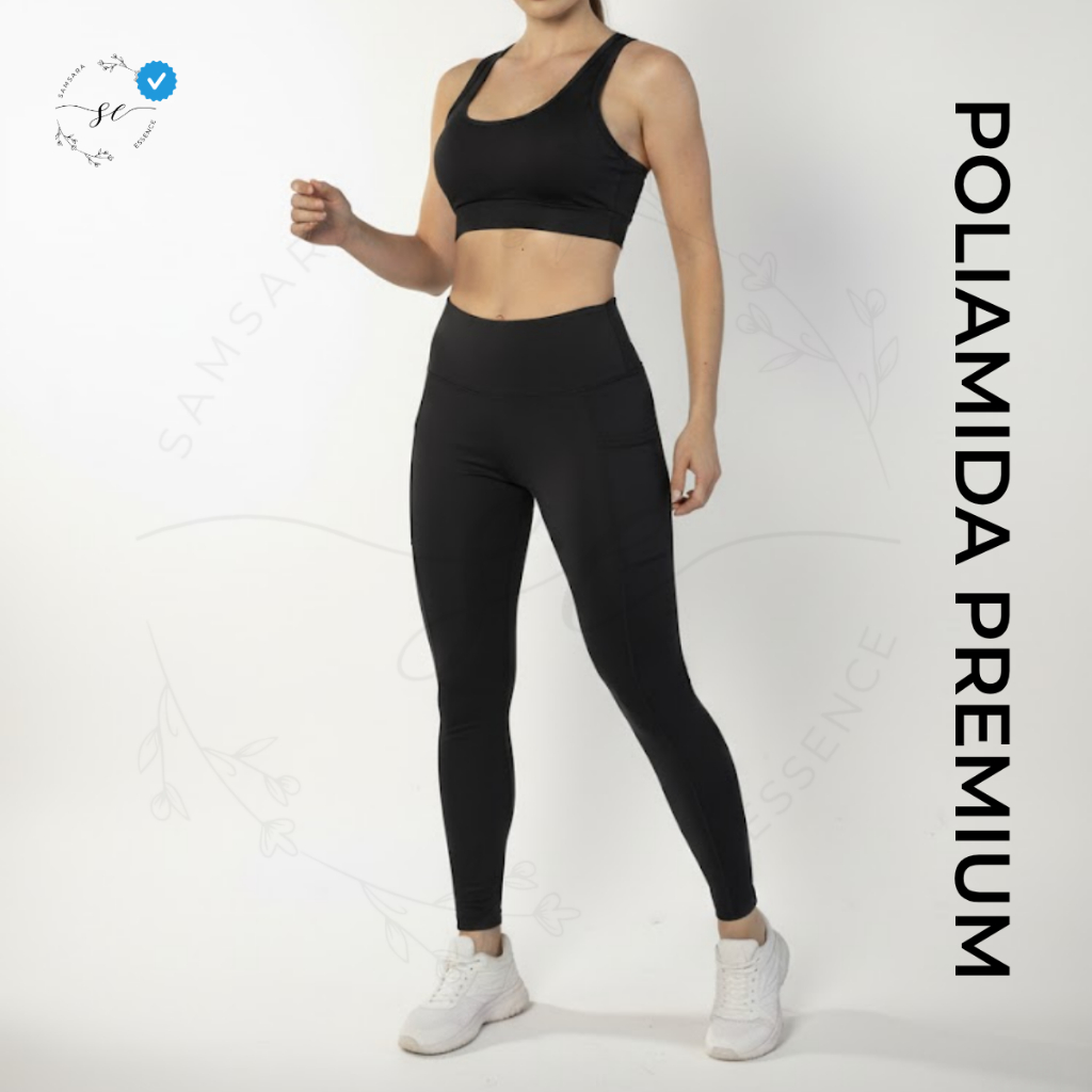 Conjunto de Poliamida Top de Academia com Bojo + Calça Legging Blackout 0% Transparente Fitness