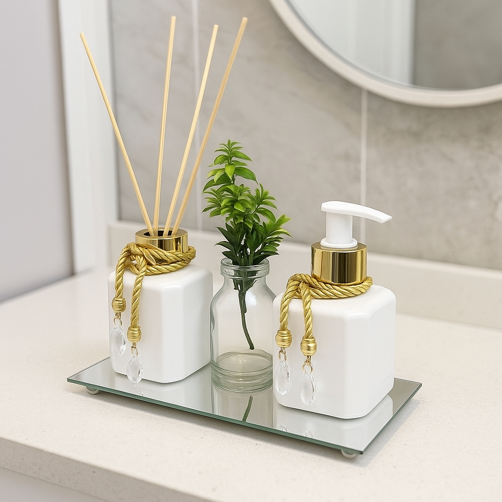 Banheiro Kit Plástico 200ml Difusor Aromatizador e Saboneteira Com Bandeja Espelhada e Vaso Planta em Oferta na Shopee