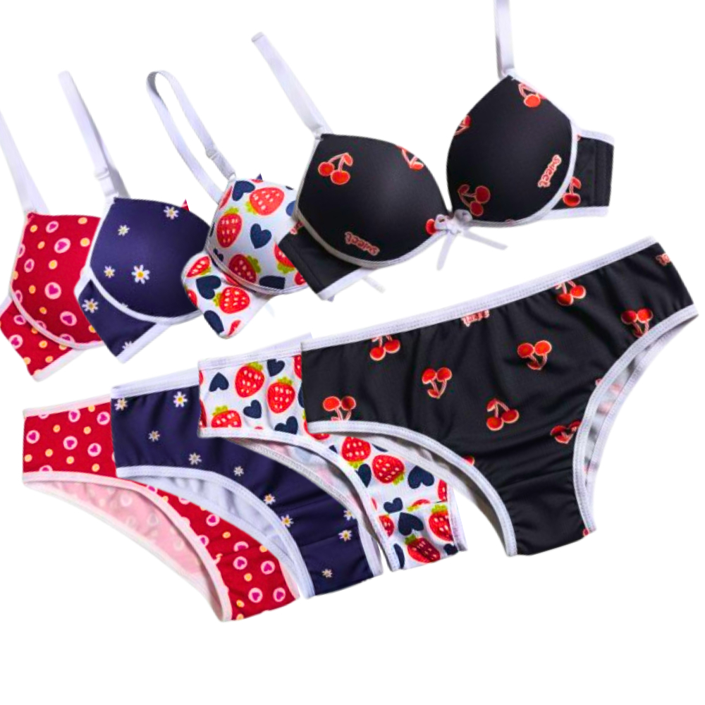Kit 4 Conjuntos Sutiã e Calcinha Menina Moça Estampado Com Bojo Infantil/Juvenil