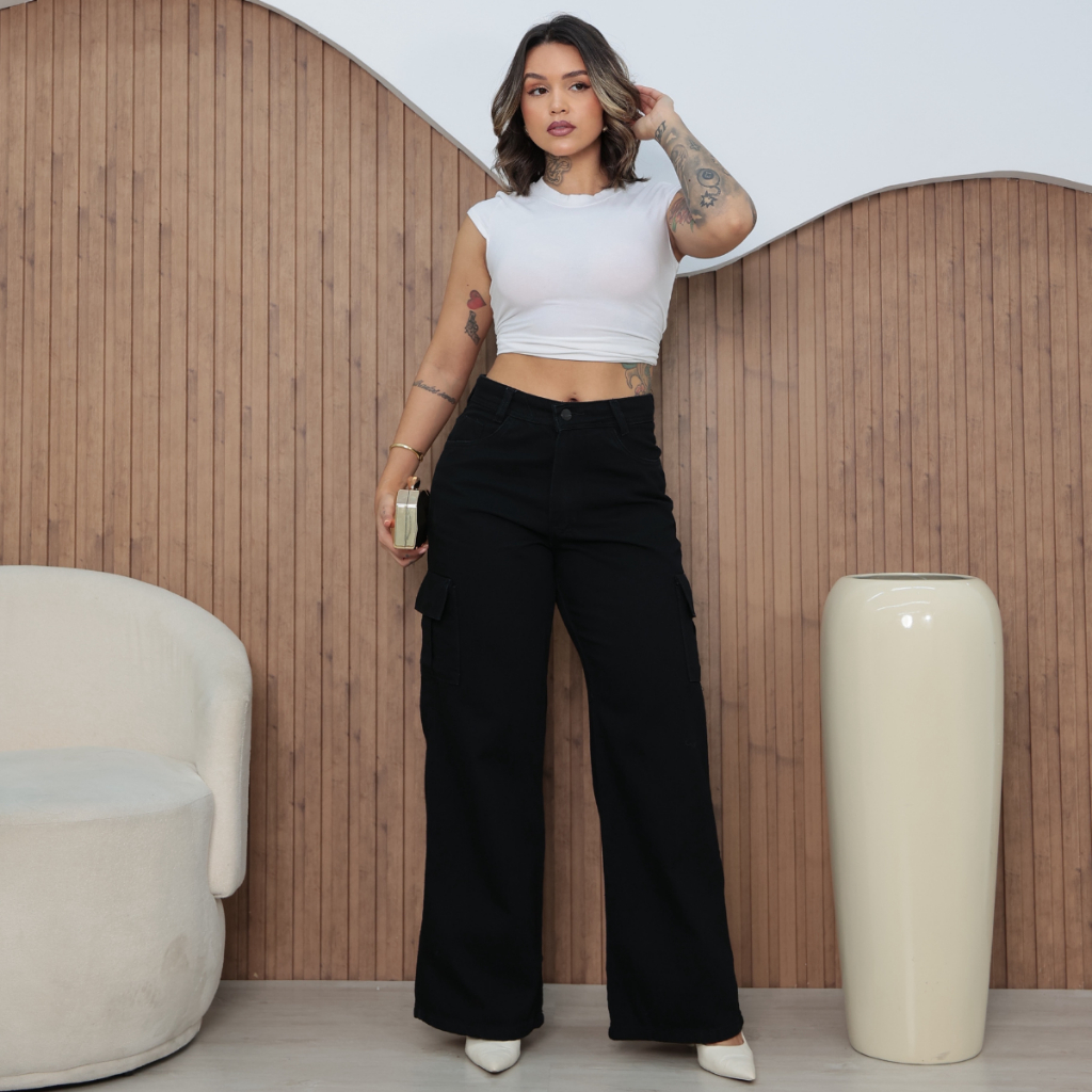 Calça Wide Leg Preta Feminina Cargo 100% Algodão Cintura Alta Pantalona Tecido Resistente Bolso Lateral