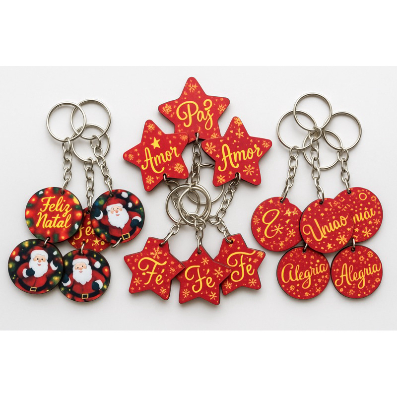 Chaveiro Natalino em MDF 12 Unidades – Modelos Variados “Feliz Natal”, “Paz”, “Amor”, “Alegria”, “Fé”, “União”