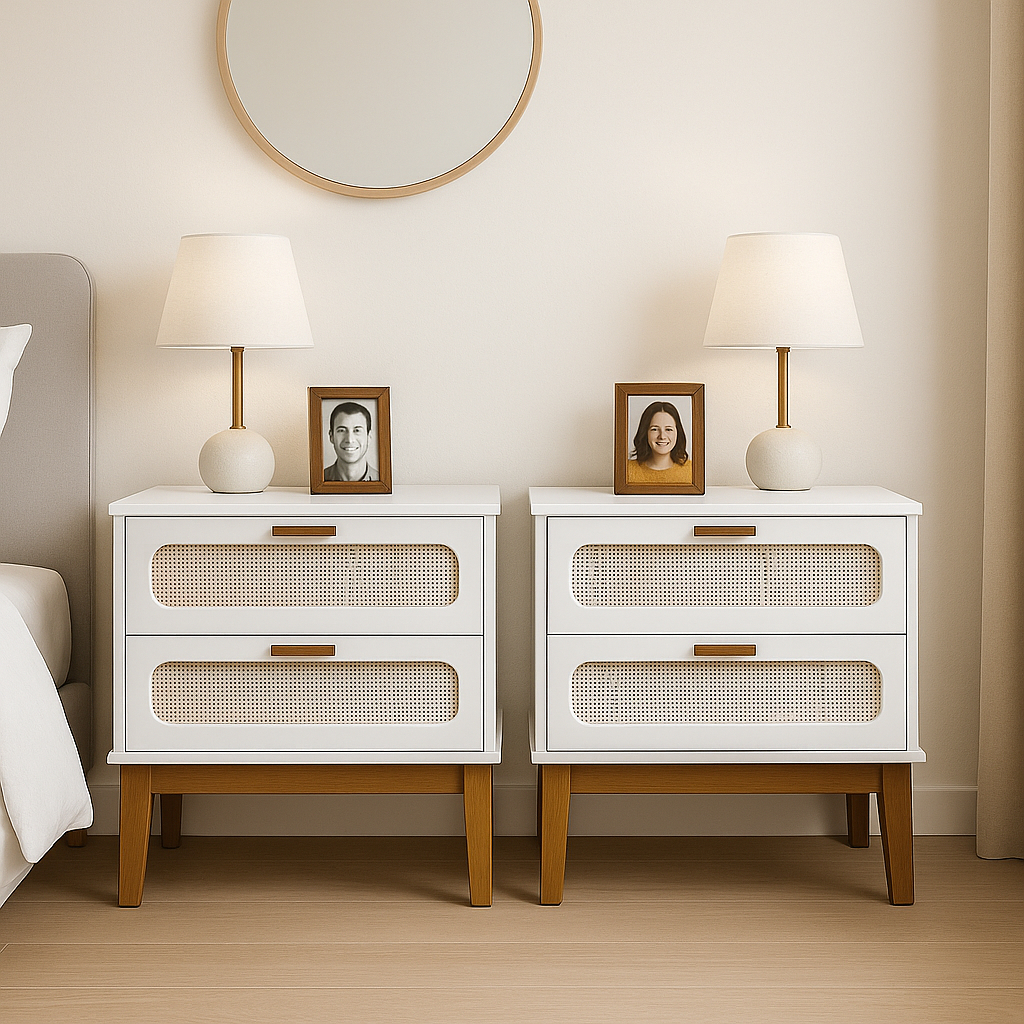 Kit Jogo 2 Mesas Cabeceira Santorini Tamanho 60cm Para Quarto Tela Indiana Duas Gavetas Espaçosas em Oferta na Shopee