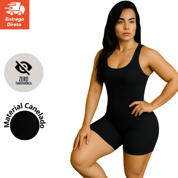 Macacão Fitness Feminino Macaquinho Curto Academia Zero Transparência Canelado Confortável  Yoga