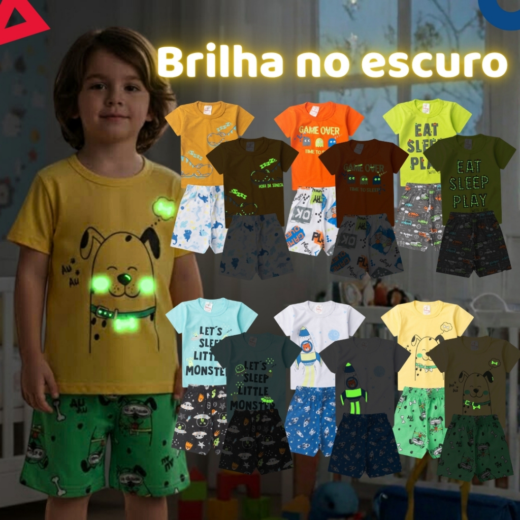Kit de 2, 6 ou 10 Peças Pijama Brilha no Escuro Infantil Menino Verão - Roupa Infantil Masculino
