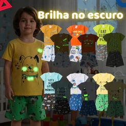 Kit de 6 ou 10 Peças Pijama Brilha no Escuro Infantil Menino Verão - Roupa Infantil Masculino