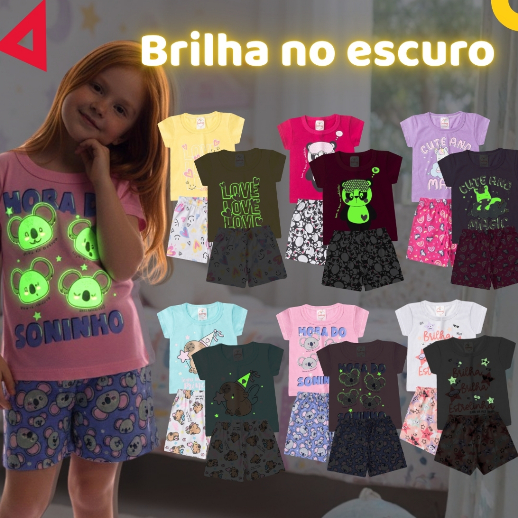 Kit de 4, 8 ou 12 Peças Brilha no Escuro Pijama Infantil Menina Verão - Roupa In