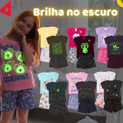 Kit de 4, 8 ou 12 Peças Brilha no Escuro Pijama Infantil Menina Verão - Roupa Infantil Feminina
