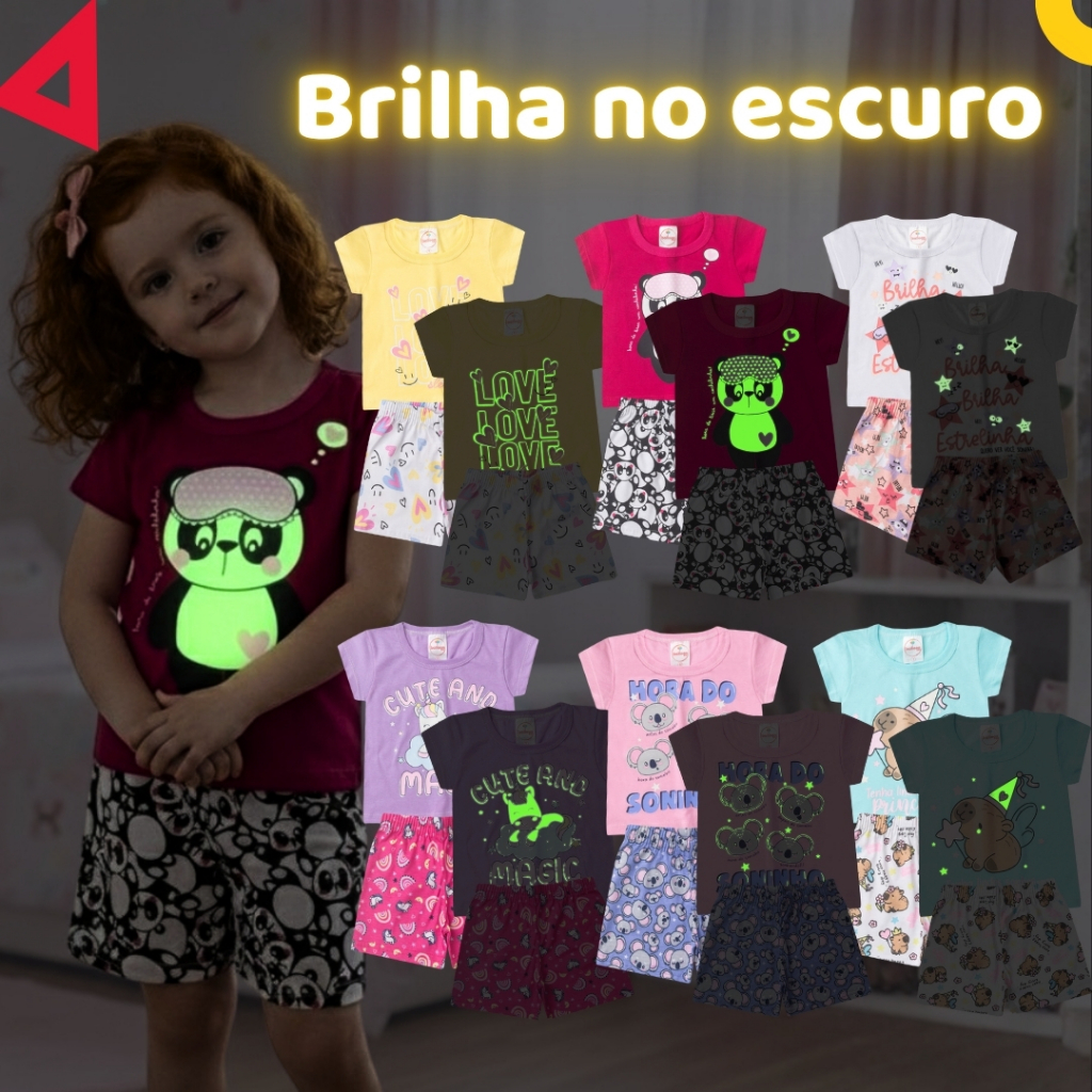 Kit 2, 6 ou 10 peças Pijama Brilha no Escuro Infantil Menina Verão - Roupa Infantil Feminina