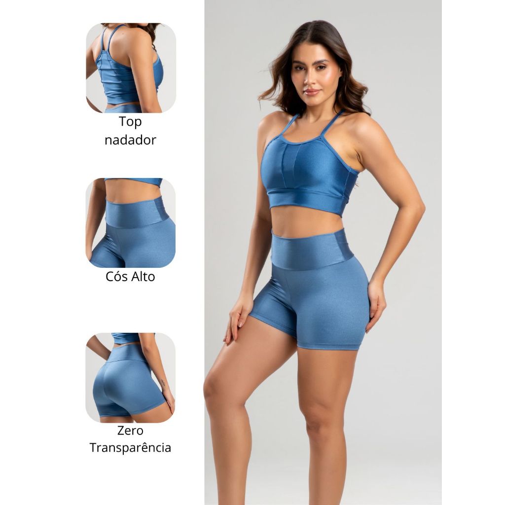 Conjunto Academia Fitness Brilhance Short e Top Zero Transparência Sem Bojo Academia Feminino