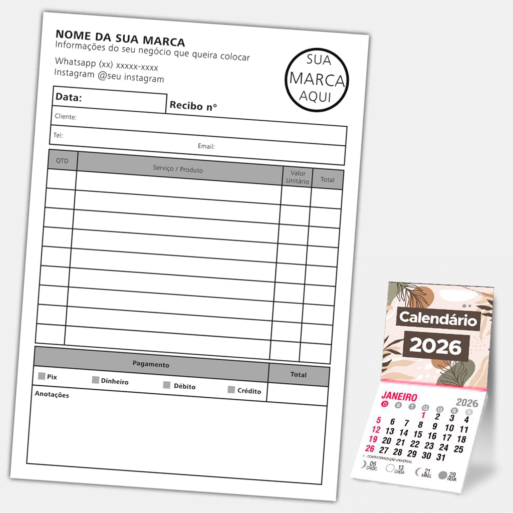 1 Talão 14x20 com 100 folhas + 100 calendários 4x5 com imã